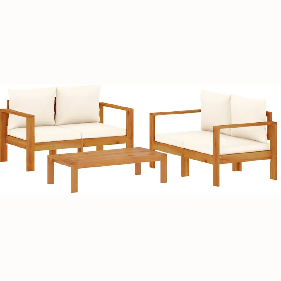 vidaXL 3-delige Loungeset met kussens massief acaciahout Crème