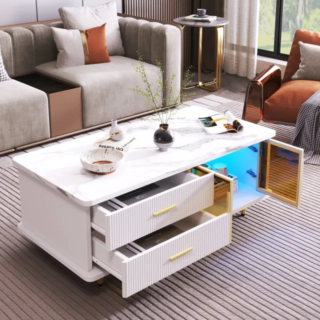 Wishdor Salontafel met marmerprint, gehard bruin glas, golvende lades, gouden grepen & poten, wisselende LED-kleur, 100×50×40 cm Wit