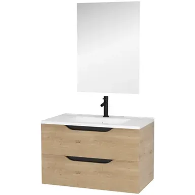 Aurlane Badmeubelset Lucas 80cm - Houtlook - Met Spiegel En Wastafel - Met 2 Lades - Met Witte Wastafel