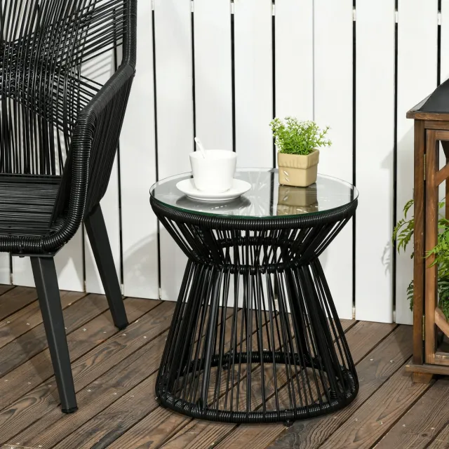 COVREO Tuintafel 40x40x42 cm - zwart, gehard glazen blad, ronde bijzettafel voor 2 personen