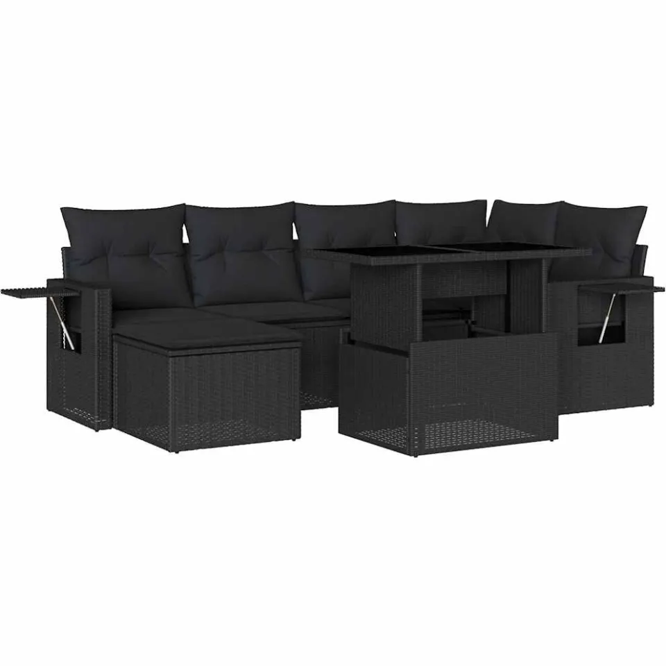 vidaXL 7-delige Loungeset met kussens poly rattan zwart, foto 4
