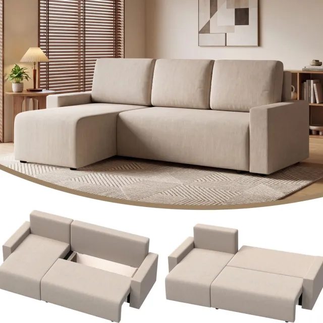 Homcom Hoekslaapbank L-Vorm 3-Zits - Slaapbank met Opbergruimte, Logeerbed - Beige