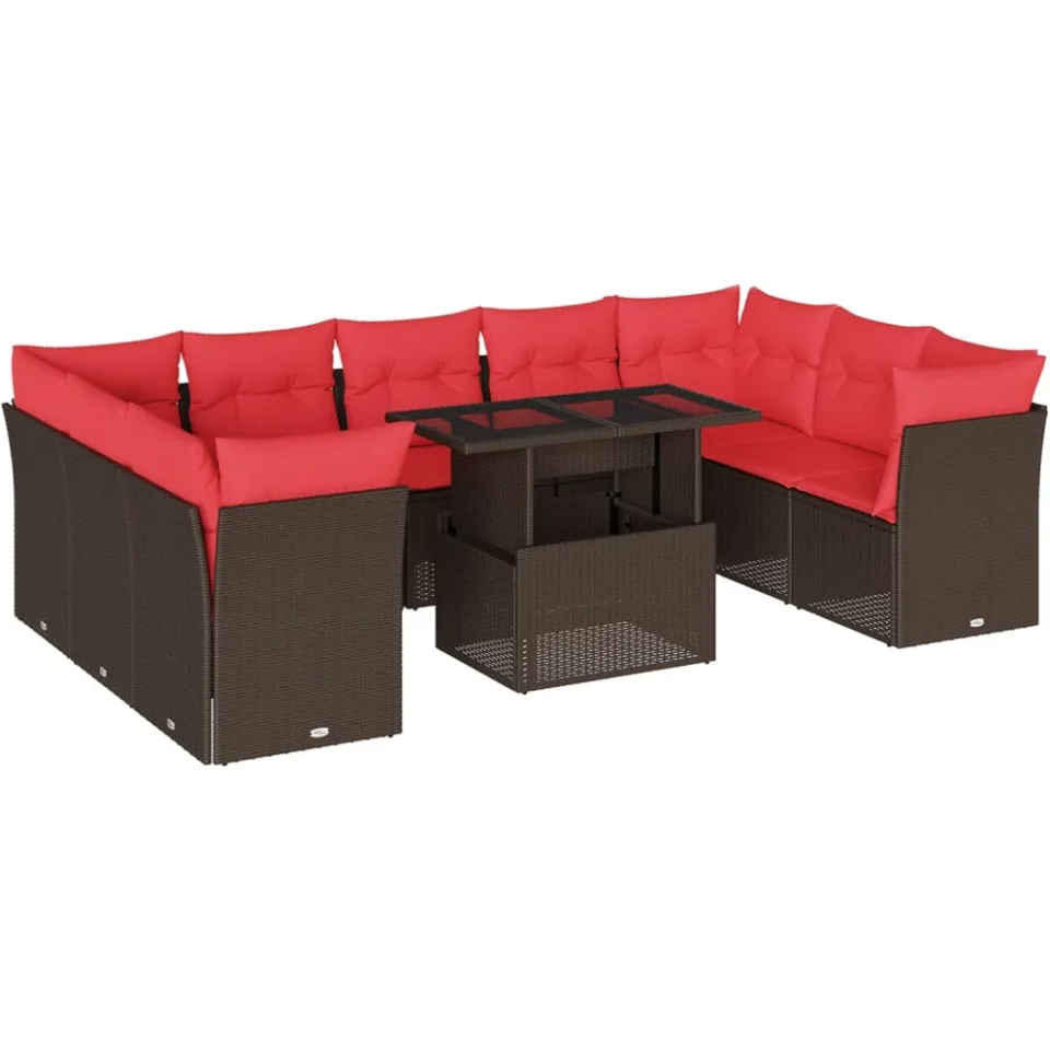 vidaXL 10-delige tuinbankset met kussens, bruin polyrotan, foto 3
