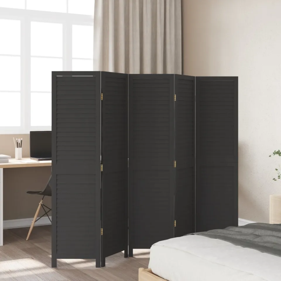 vidaXL Kamerscherm met 5 panelen massief paulowniahout zwart, foto 3