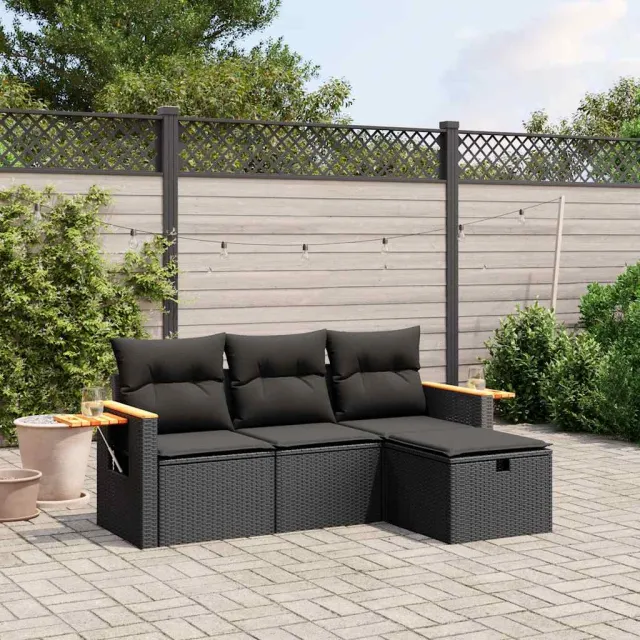 vidaXL 4-delige Loungeset met kussens poly rattan zwart, foto 2