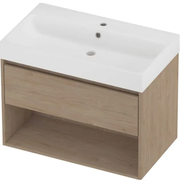 Proline Podium Badmeubelset Polystone Loft 1 Kraangat Met Schap 80x46x62 cm Mat White Ideal Oak Eiken