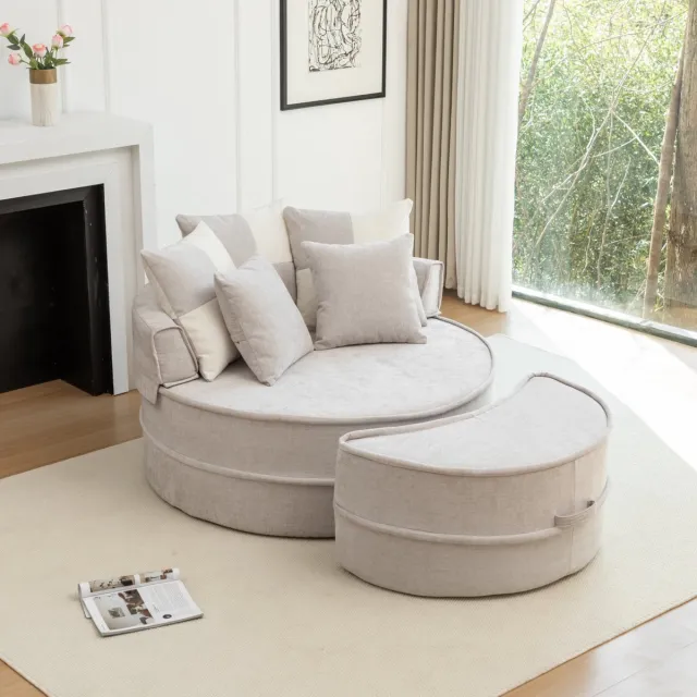 COVREO Fauteuil met hocker 163x121x66 cm - grijs chenille, 5 kussens, zonder montage