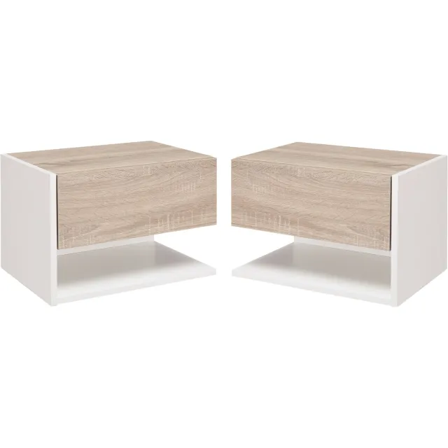 Lunpog Nachtkastjes set van 2 - Nachtkastje zwevend - Nachtkastje - Nachtkast - Met lade - Wandmontage - Uitschuifbare lade - tweekleurig hout met een afwerking in licht eiken en wit meerkleurig