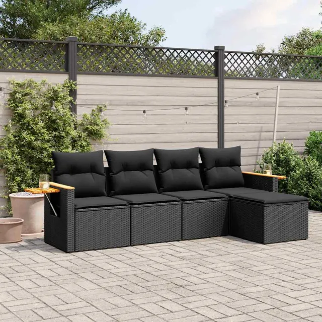 vidaXL 5-delige Loungeset met kussens poly rattan zwart, foto 2