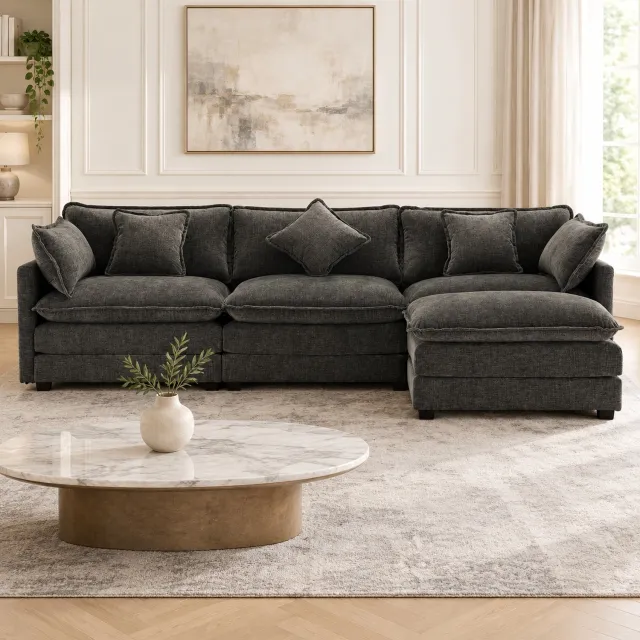 WUVRIE Hoekbank 283 x 147 cm - 3-zits met verplaatsbare voetenbank - Donkergrijs