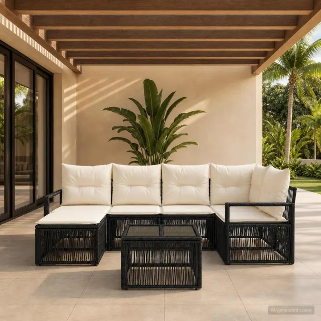 vidaXL Tuinbankenset 7 st Zwart poly rattan, foto 2