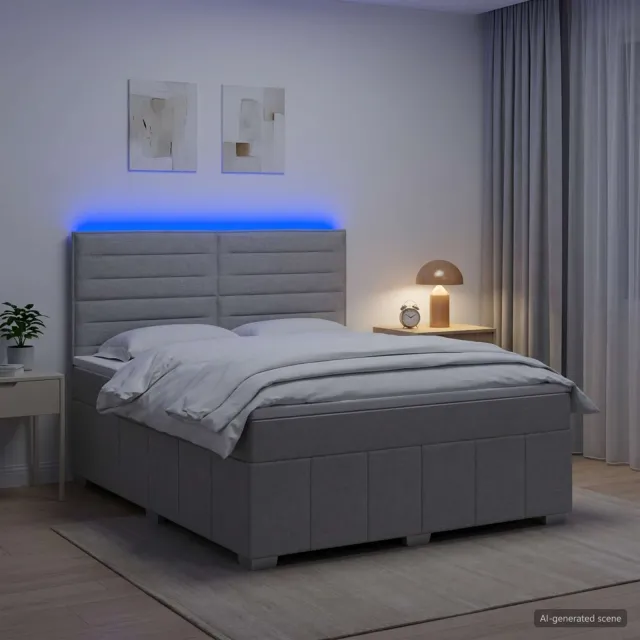 vidaXL LED Boxspring Bed met Matras Lichtgrijs 140 x 190 cm Stof