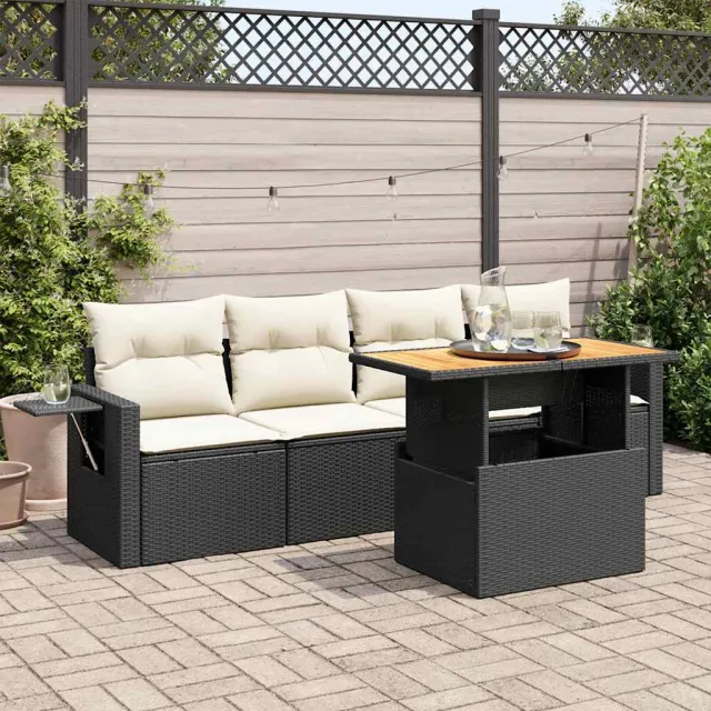 vidaXL 5-delige Loungeset met kussens poly rattan zwart, foto 2