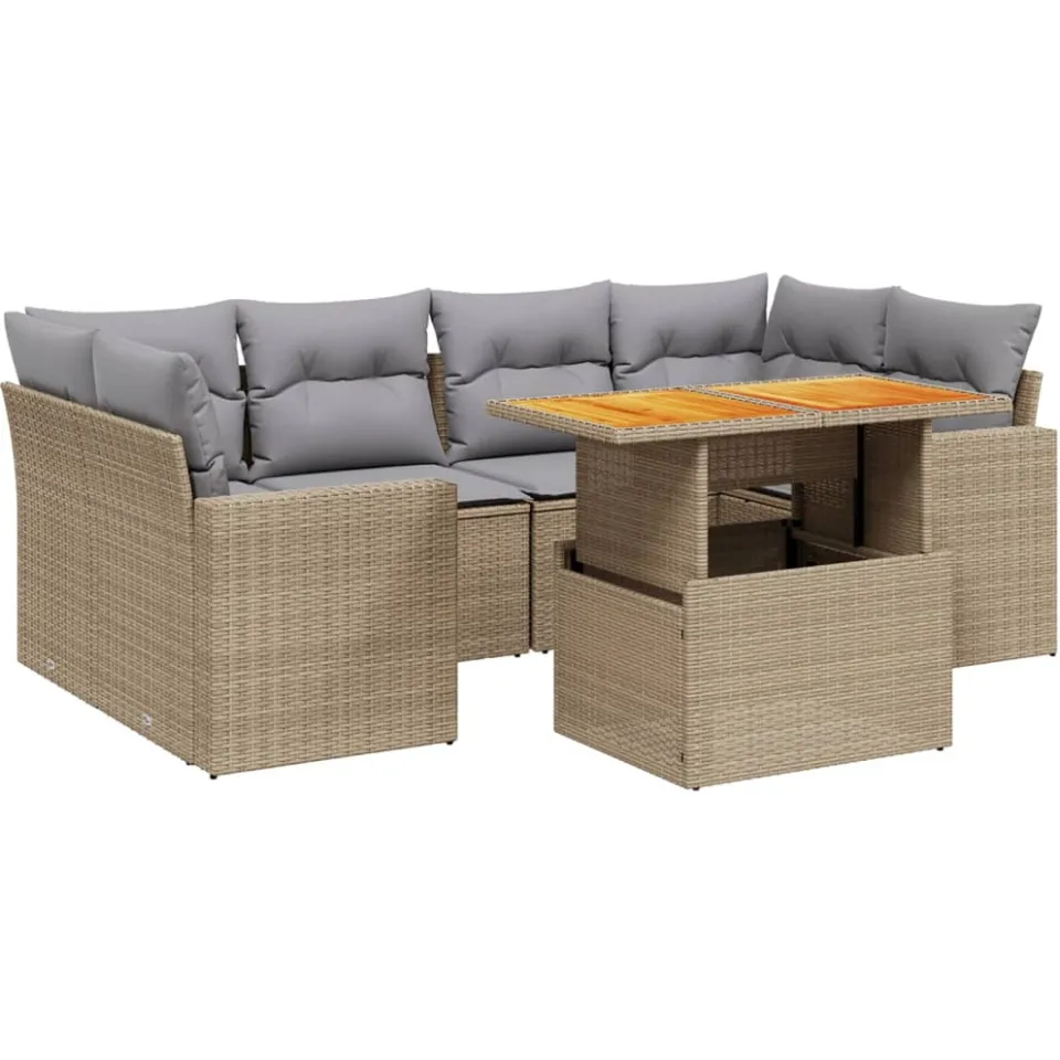 vidaXL 7-delige Loungeset met kussens poly rattan beige, foto 3