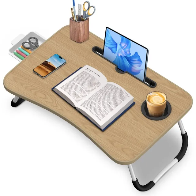 Arvioo ‑Opvouwbaar‑laptoptafel‑walnoot‑met‑tablethouder‑bekerhouder‑lade