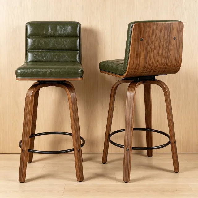 Pugsdrly Barkrukken - set van 2 - PU-leer - gebogen houten poten - 360° draaibaar - keuken bar toog Groen