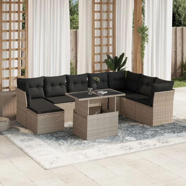 vidaXL 9-delige Loungeset met kussens poly rattan lichtgrijs grijs, foto 2