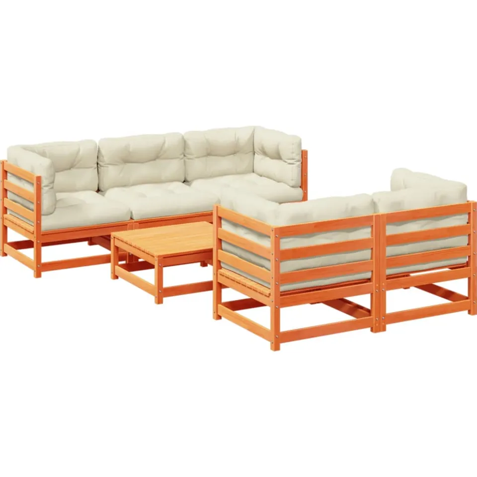 vidaXL 6-delige Loungeset met kussens massief grenenhout wasbruin