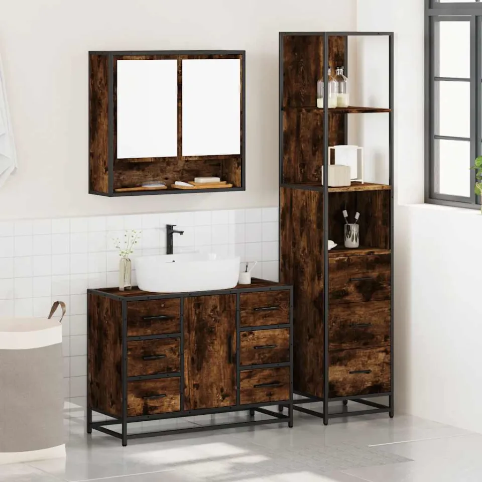 vidaXL 3-delige Badkamermeubelset bewerkt hout gerookt eikenkleurig, foto 2