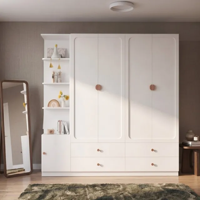 OKWISH Kledingkast - 3 Kledingroedes en 4 Laden - Voor Slaapkamer en Hal - MDF Hout Staal Wit - 225 x 45 x 200 cm