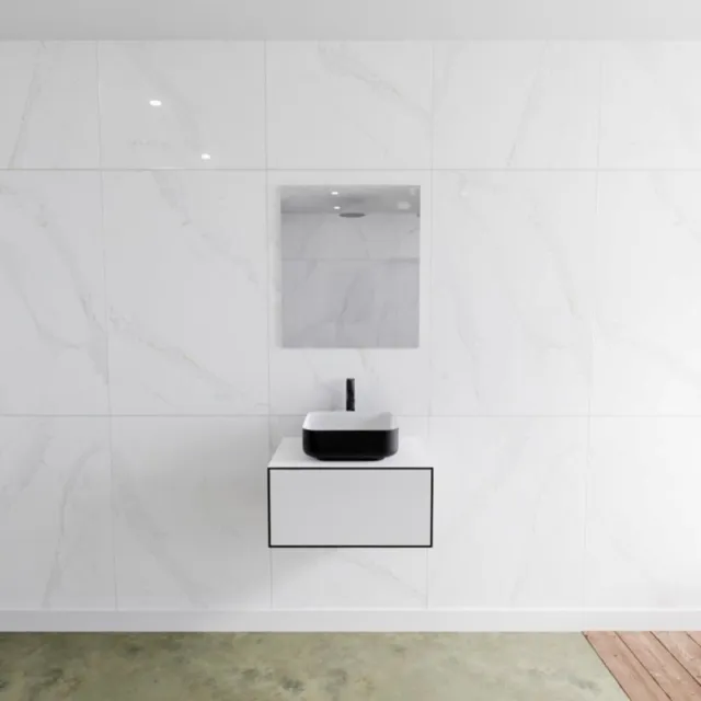 Mondiaz Badkamermeubelset Mondiaz LAGOM 60 cm Topblad met Gecentreerde Wastafel Solid Surface Opzetkom Binx met 1 Kraangat Mat Zwart (1 lade)