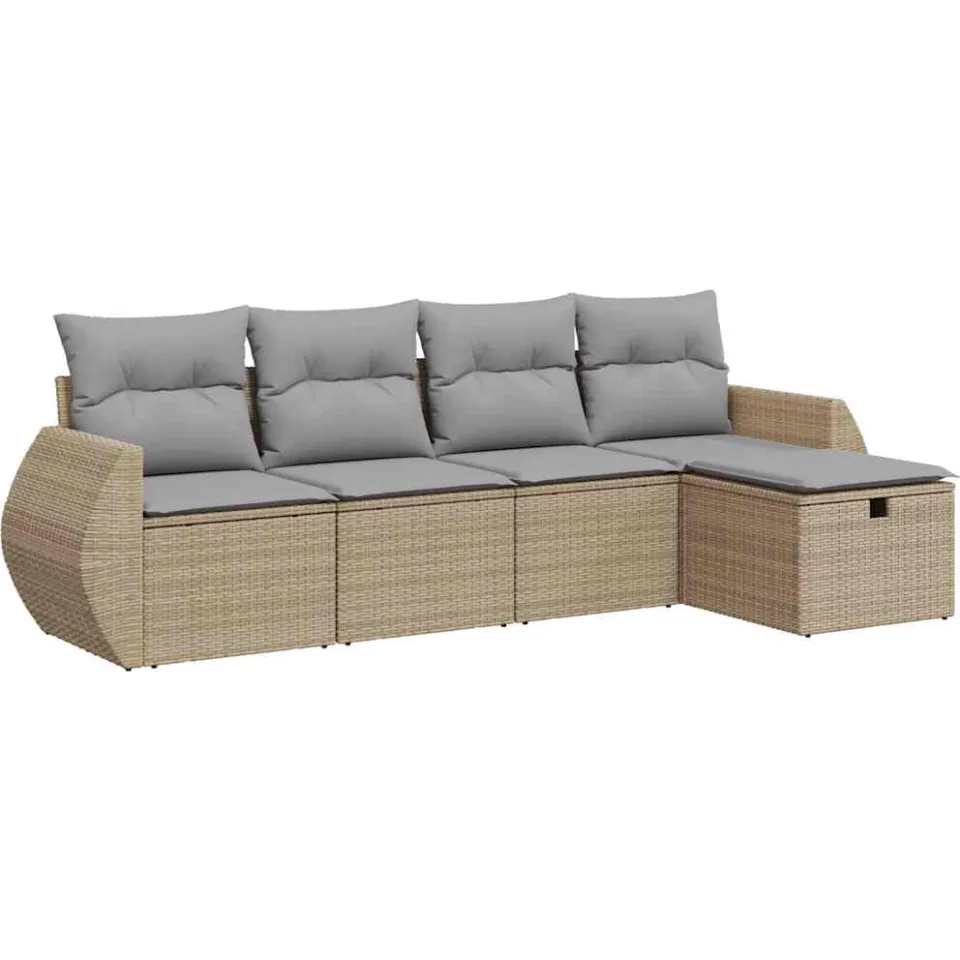 vidaXL 5-delige Loungeset met kussens poly rattan beige, foto 3