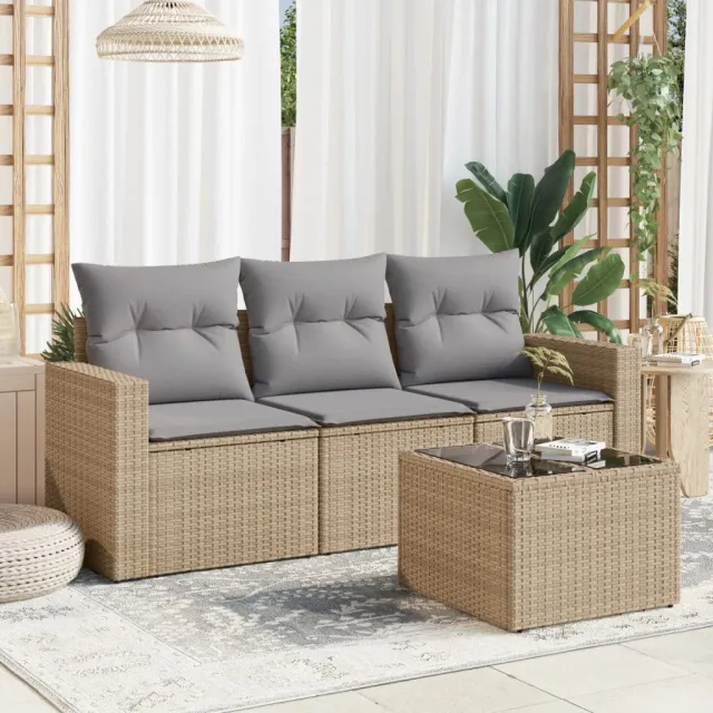 vidaXL 4-delige Loungeset met kussens poly rattan beige, foto 2