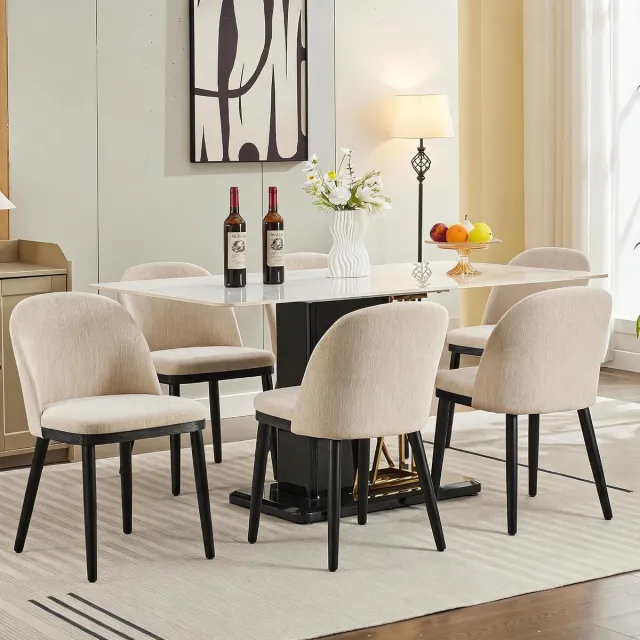 HOERFURIY Houten Eetkamerstoelen Set van 6 - Linnen Stoelen Ergonomisch 136kg beige