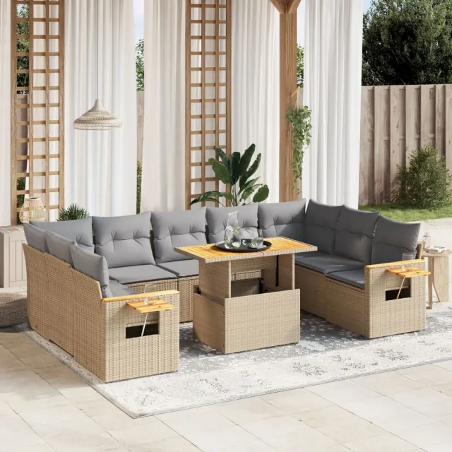 vidaXL 10-delige Loungeset met kussens poly rattan beige, foto 2