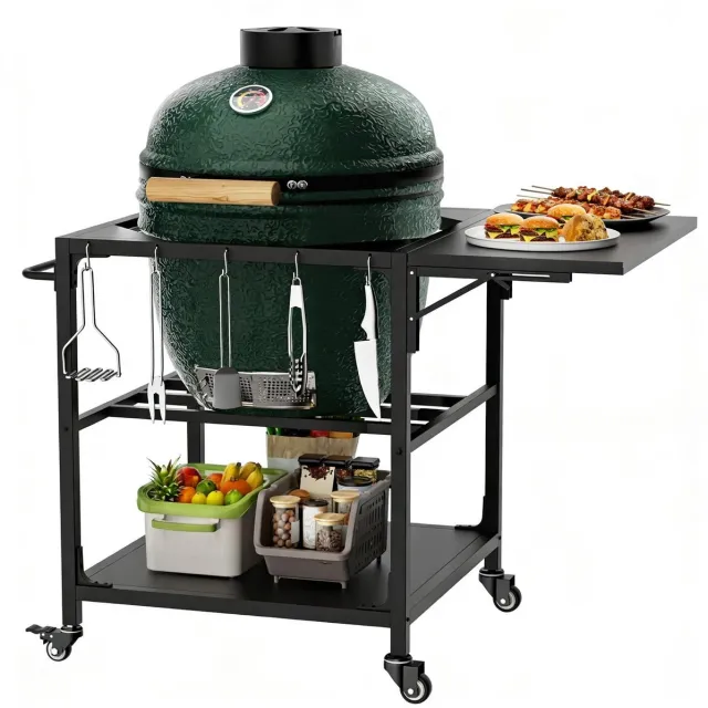 Wishdor Grilltisch - Voor Big Green Egg - Met rollen en rem - Met opbergruimte en haken - Uitklapbaar werkblad - Robuust metaal - Zwart - 110,2 x 70,1 x 76,2 cm