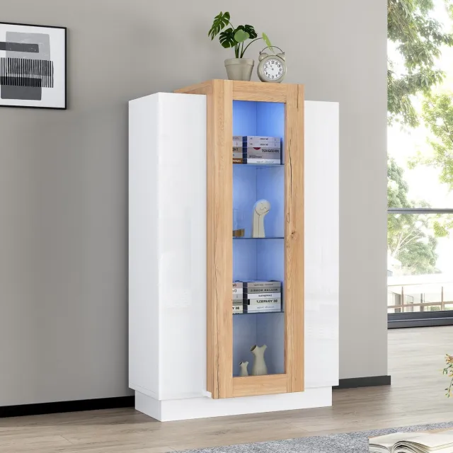 MEUNIQ vitrinekast 74 x 40 x 120 cm met 3 deuren, LED-verlichting, glasplanken en lade, staande boekenkast voor woonkamer, wit en naturel White+Natural