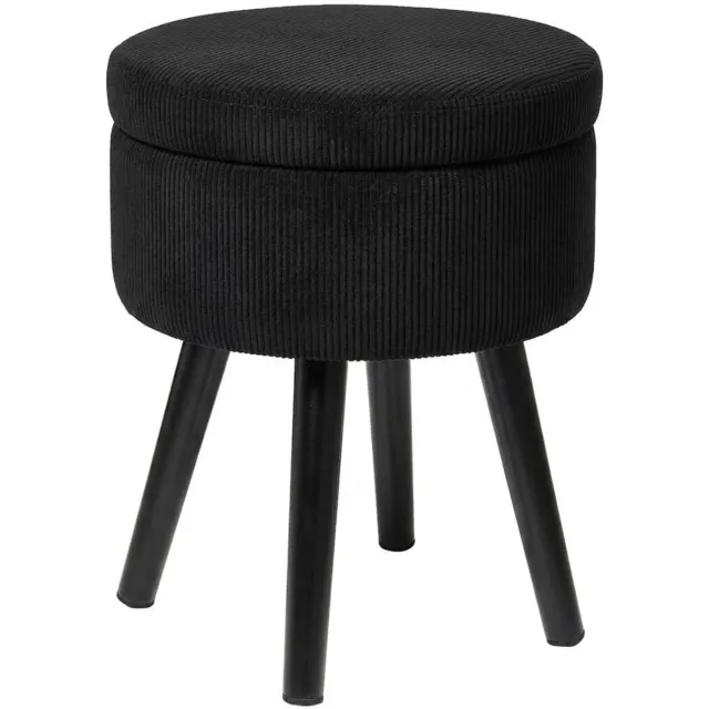 Hüsq ronde Poef met Opbergruimte - Hocker - Opbergpoef met Deksel - ribfluweel - corduroy - zwart