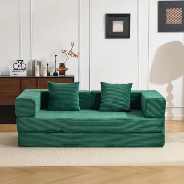 OKWISH Slaapbank 185 x 92,5 x 60 cm - Opvouwbare Vloerbank Met Slaapfunctie En Kussens - Voor Woonkamer Of Slaapkamer - Ribfluweel - Donkergroen