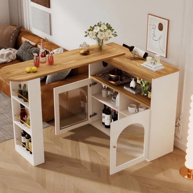 MEUNIQ uitklapbare bartafel 138-193 x 39 x 105 cm met opbergruimte, draaibaar, ledlichtstrip, modern, wit voor eetkamer en barhoek White