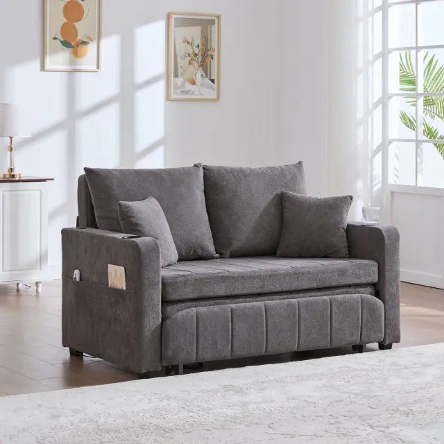 OKWISH Slaapbank 139 x 83 cm - Uitschuifbaar Met Opbergvakken En Kussens - Voor Kleine Woonruimte - Chenille - Grijs