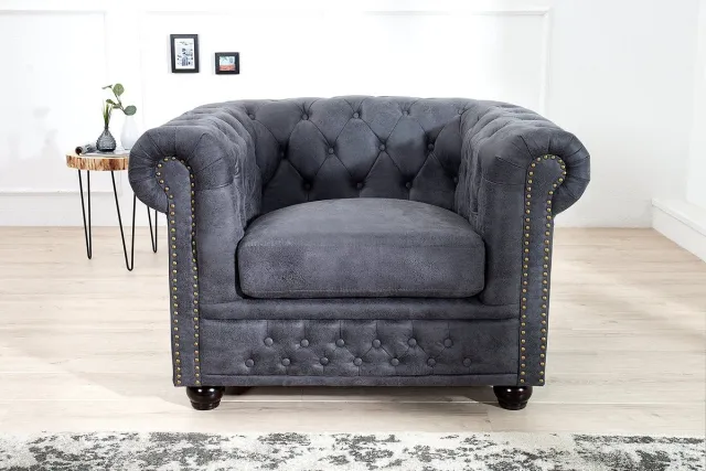 Invicta Interior Chesterfield Fauteuil 105cm antiek grijs met knoopstiksels en veerkern - 37389 Zie omschrijving