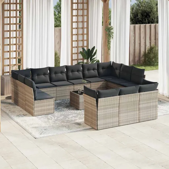 vidaXL 14-delige Loungeset met kussens poly rattan lichtgrijs grijs, foto 2