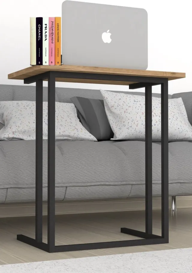 Musson Laptoptafel - 60x65x34 cm - Houtlook Bijzettafel - Industrieel Design - Metaal & Spaanplaat - Bedtafel - Salontafel - Compact en Stabiel
