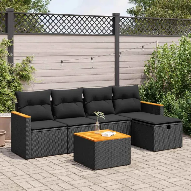 vidaXL 6-delige Loungeset met kussens poly rattan zwart, foto 2