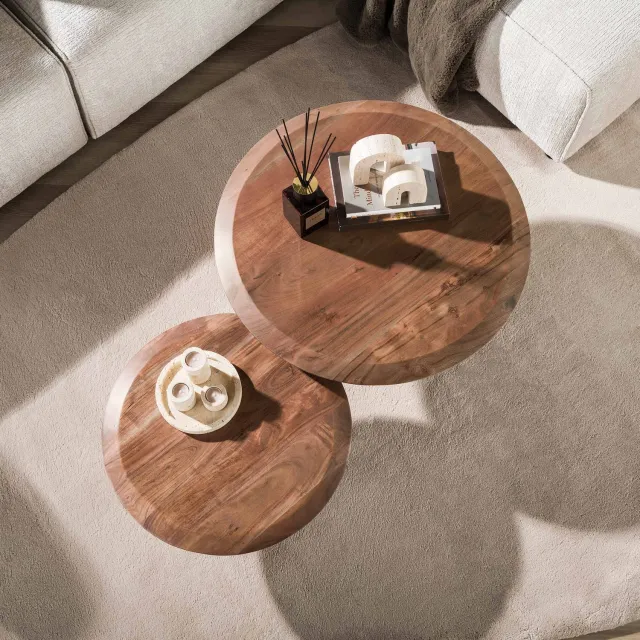 Nest of Nora Set van 2 - Nest of Nora Salontafel Vella - Rond - Massief acaciahout bruin - Salontafelset / bijzettafel / woonkamertafel - Conische poten - Hoogteverschil