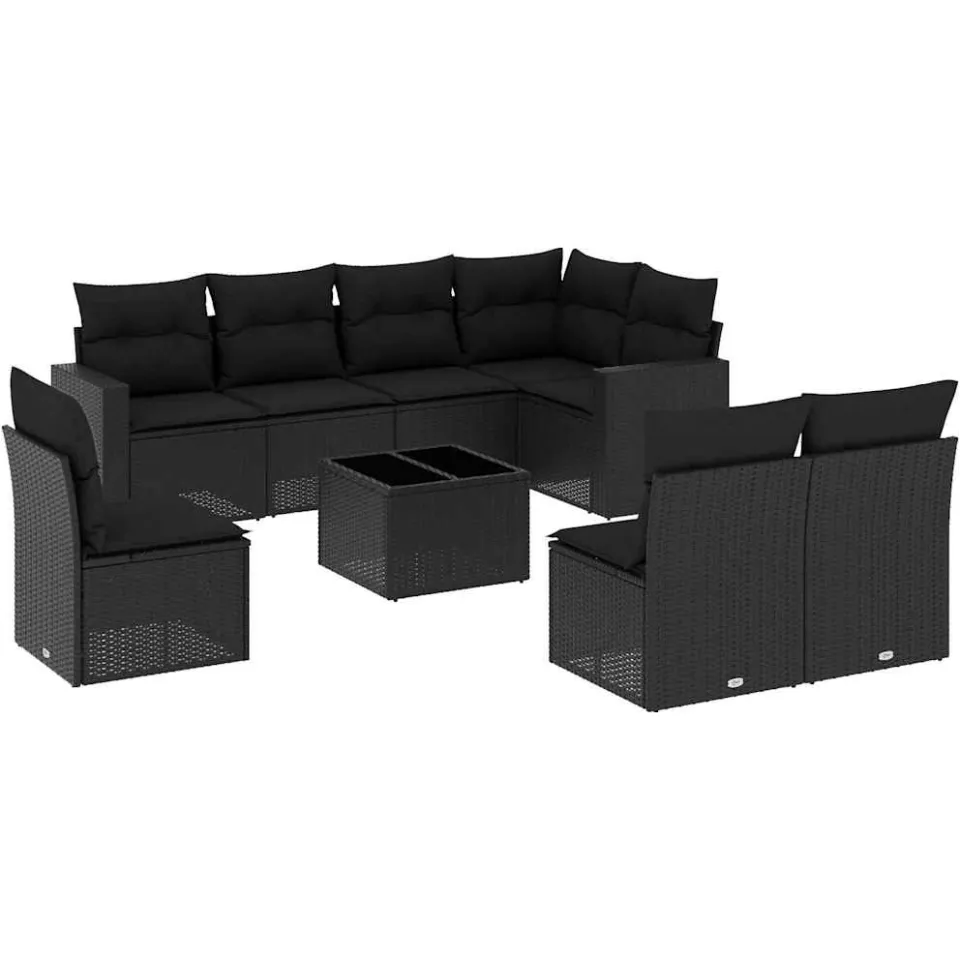 vidaXL 9-delige Loungeset met kussens poly rattan zwart, foto 4