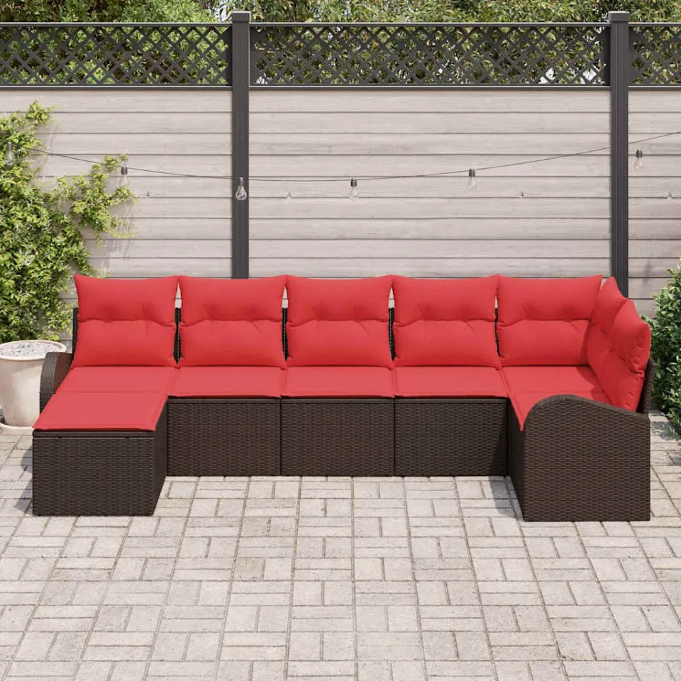 vidaXL Bankstel 7 st Bruin en Rood poly rattan, foto 3