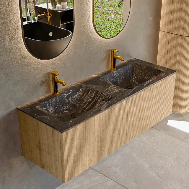 Mondiaz KURVE-DLUX 130 cm Onderkast Greeploos 2 Lades Zonder Deuren Oak, Wastafel Solid Surface Dubbel Lava 2 Kraangaten Zonder Spiegel (KRVLEA1302L0D2KD-Oak/Lav)