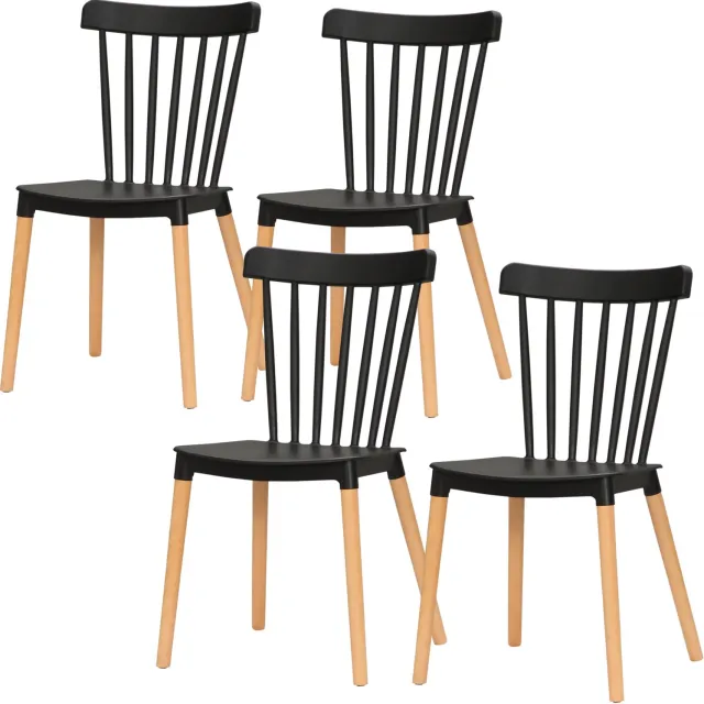Lunpog Set van 4 eetkamerstoelen, Scandinavische stijl, hoge rugleuning, zitting van polypropyleen, poten van beukenhout, voor de woonkamer, slaapkamer, keuken en kantoor, zwart Noir