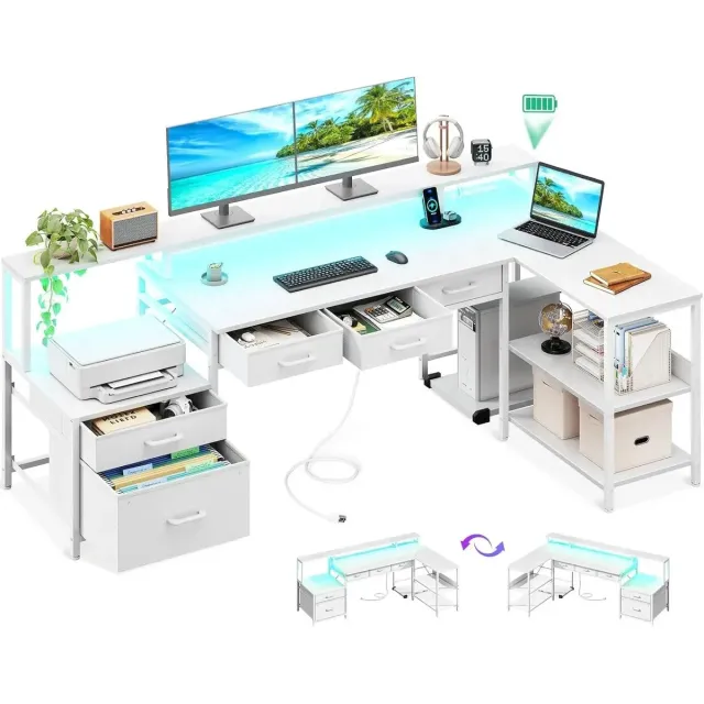 Gudalio Bureau - Hoekbureau - Computertafel - L-vormig - Gaming - LED - Stopcontacten & USB - Omkeerbaar - Bergruimte - Groot - Wit