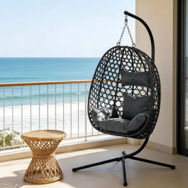 OKWISH Schommelstoel 105 x 105 x 195 cm - In Hoogte Verstelbaar En 360° Schommelend - Voor Balkon, Terras Of Woonkamer - Rotan En Metaal - Donkergrijs