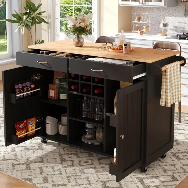 DESMIU KeukenEiland - Multifunctionele Opbergkast Met Wijnrek En Verplaatsbare Wielen - Voor Keuken En Eetkamer - MDF En Metaal - Zwart - 102x45x92 Cm