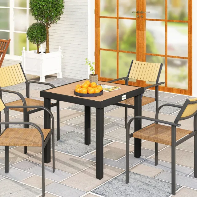 FloraGrace Tuintafel - Vierkante Eettafel Voor Balkon En Terras - Houtlook Tafelblad Met Aluminium Frame - 78x78x74 Cm - Zwart Natuurlijke houtkleur