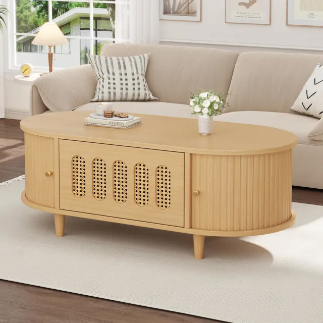 STILVORA Salontafel - Ovaal Met Lade En Twee Roldeuren - Voor de Woonkamer - MDF Met Rotanmotief - Houtkleur - 100x50x40 Cm Naturel / houtkleurig