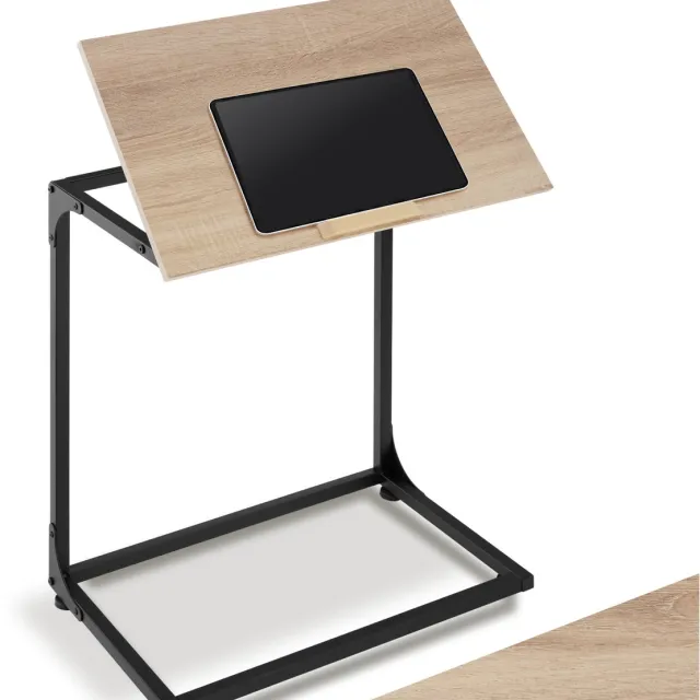 Tectake C-vormige Bijzettafel - Laptoptafel met Kantelbaar Houten Tafelblad - Bedtafel met Stopper - Industrieel Design - Tafel voor Laptop en Tablet - Verstelbaar - Afmeting (LxBxH) 55 x 35 x 66,5 cm - Lichtbruin